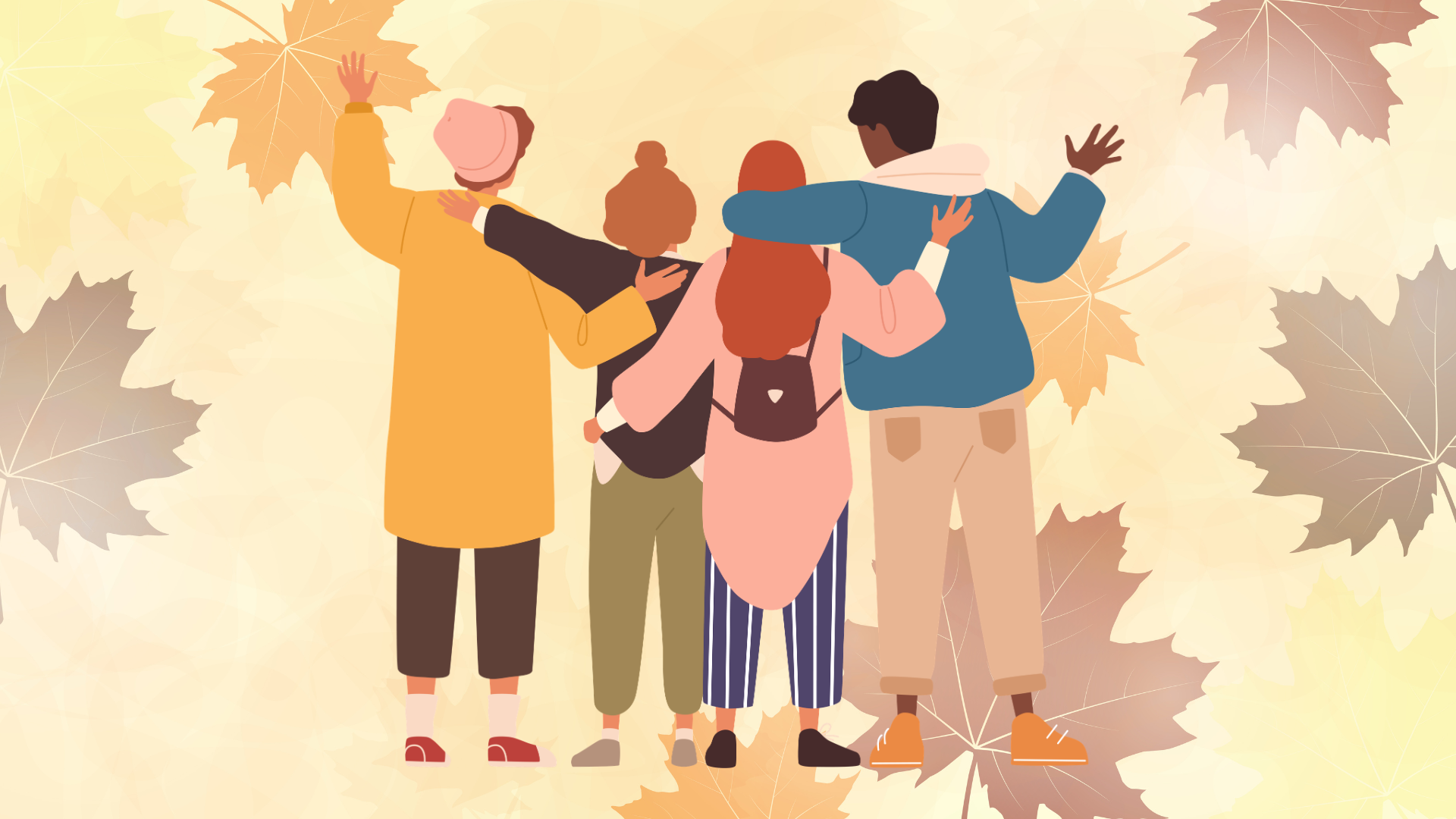 Teens standing with a fall background.