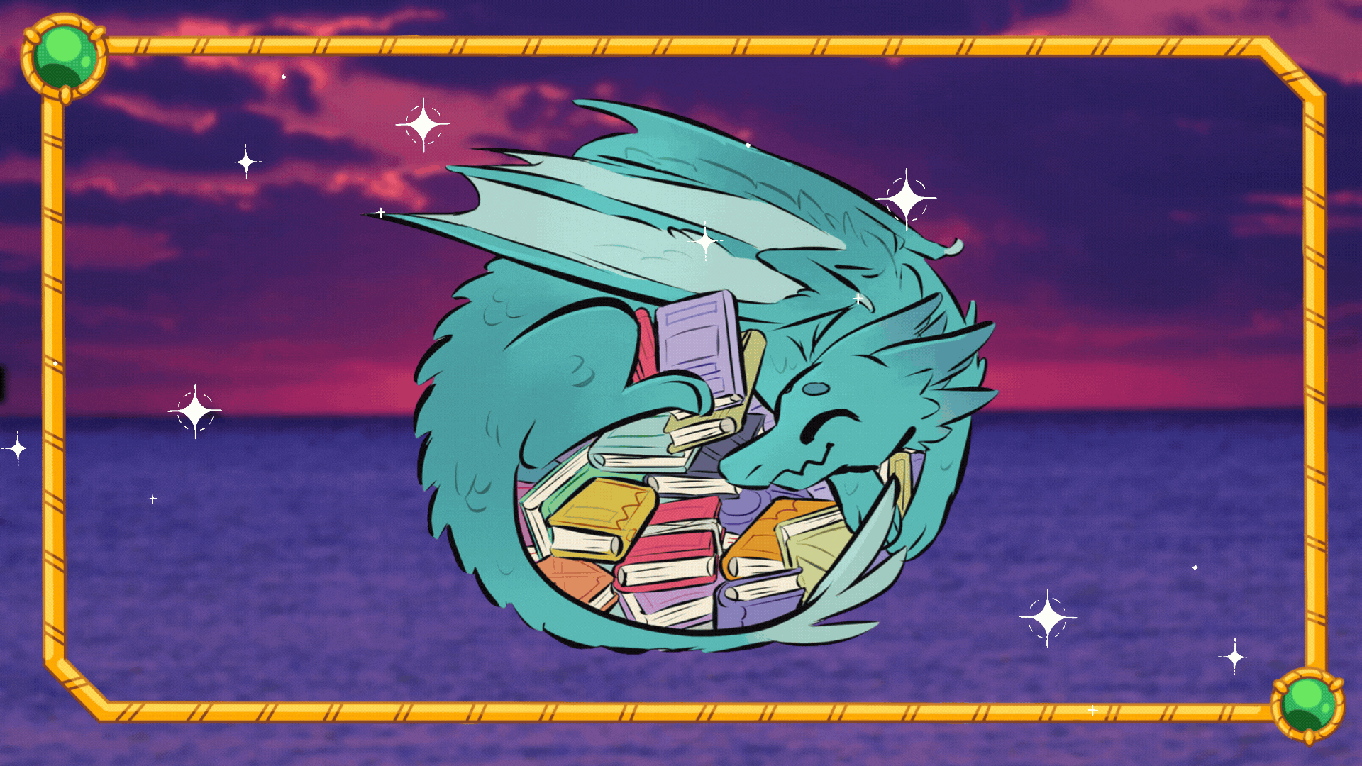 Sparkling dragon curled around a horde of books. 