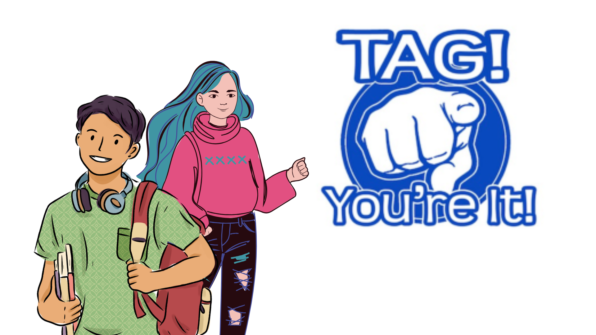 Teens standing with tag sign.