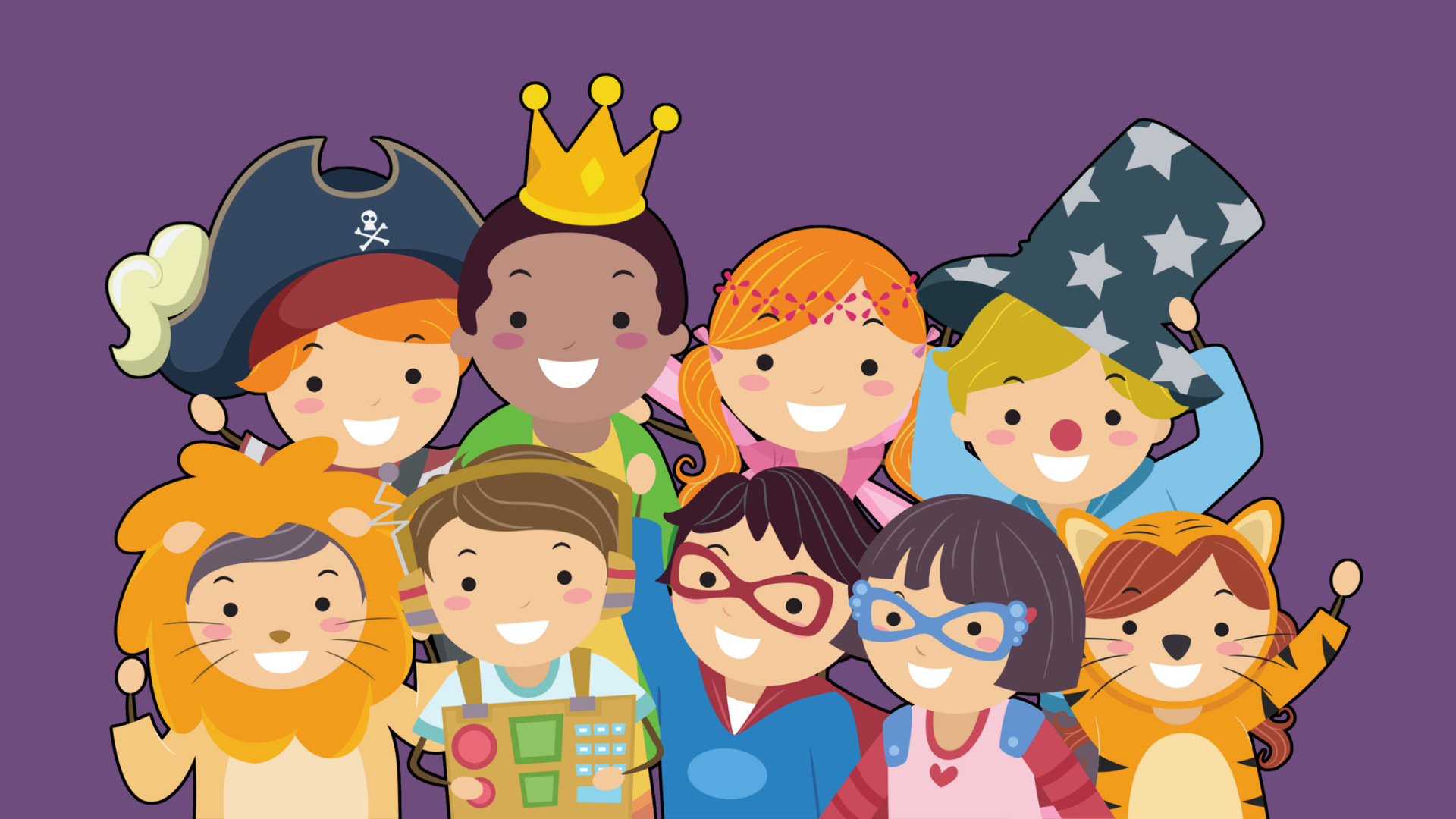 Cartoon art of children wearing halloween costumes.