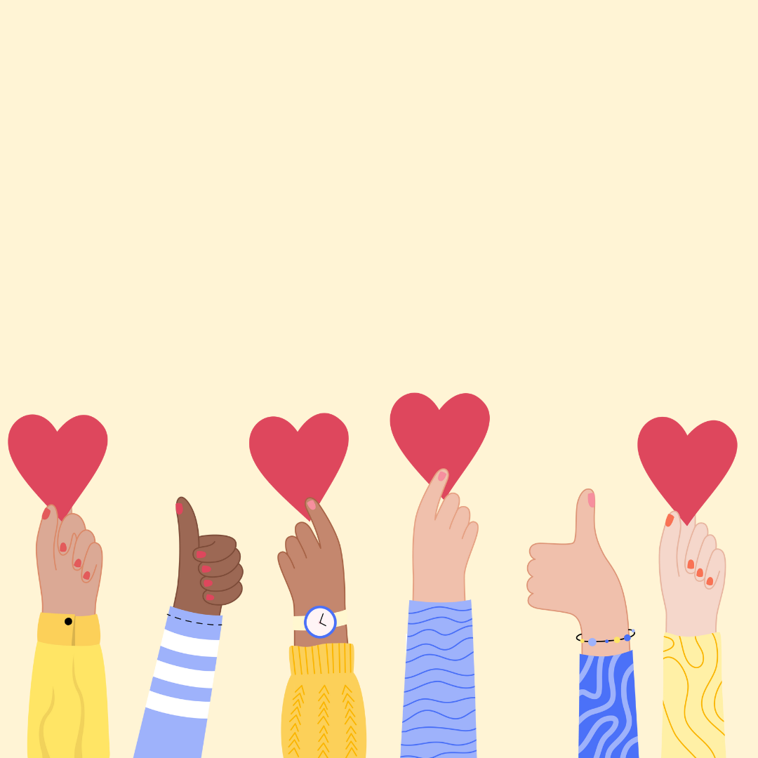 Image of hands holding hearts or giving a thumbs up.