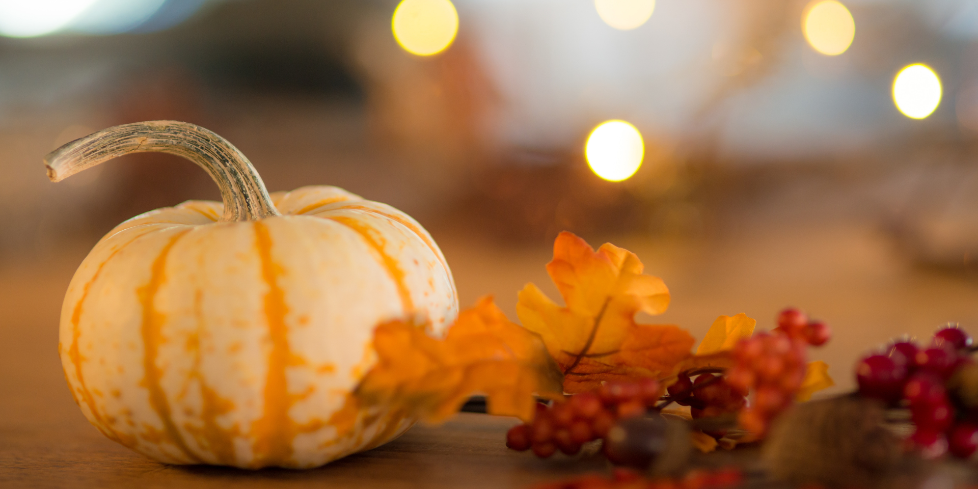 Fall pumpkin and leaf decorations.
