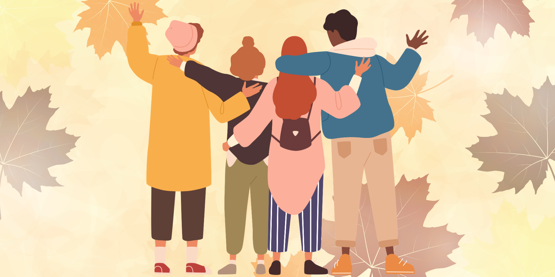 Teens standing with a fall background.