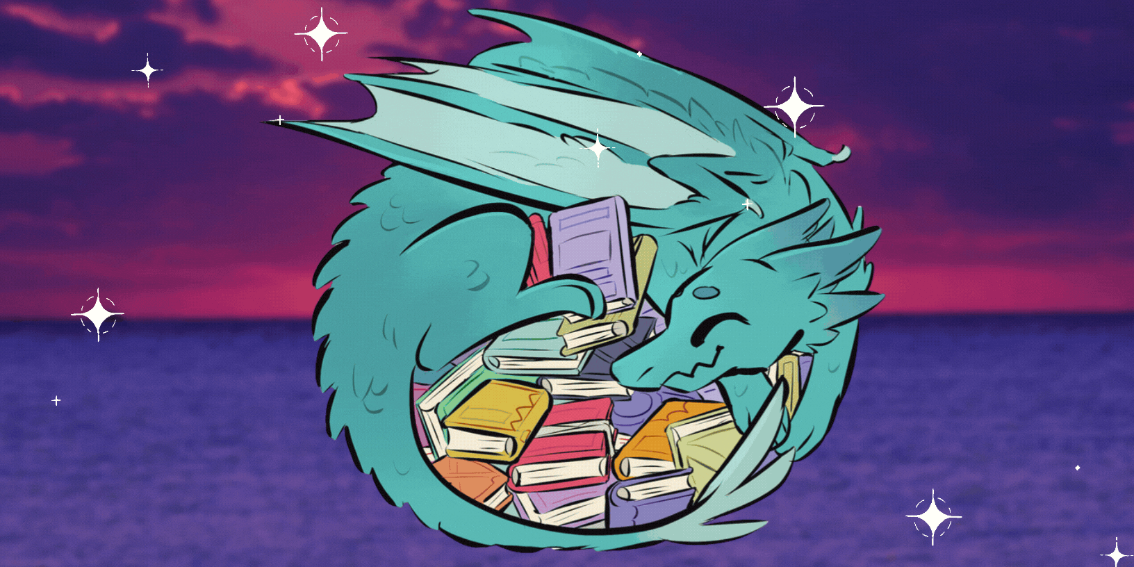 Sparkling dragon curled around a horde of books. 