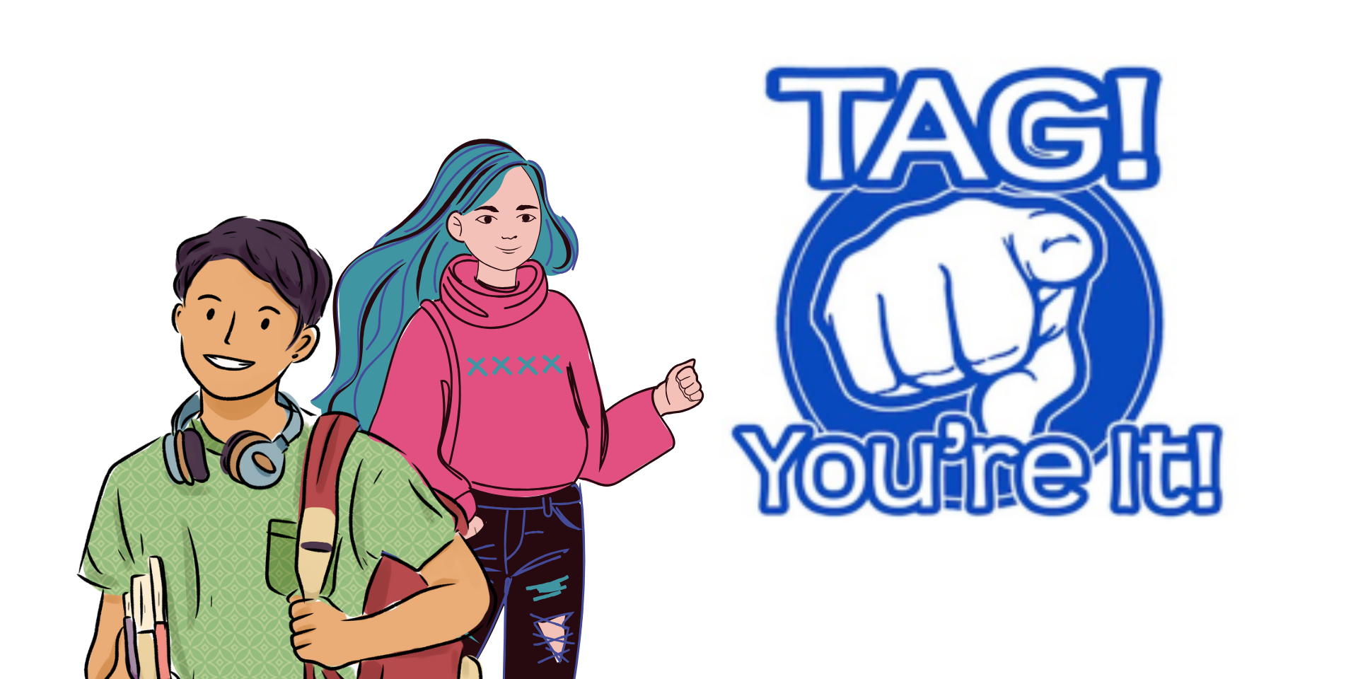 Teens standing with tag sign.