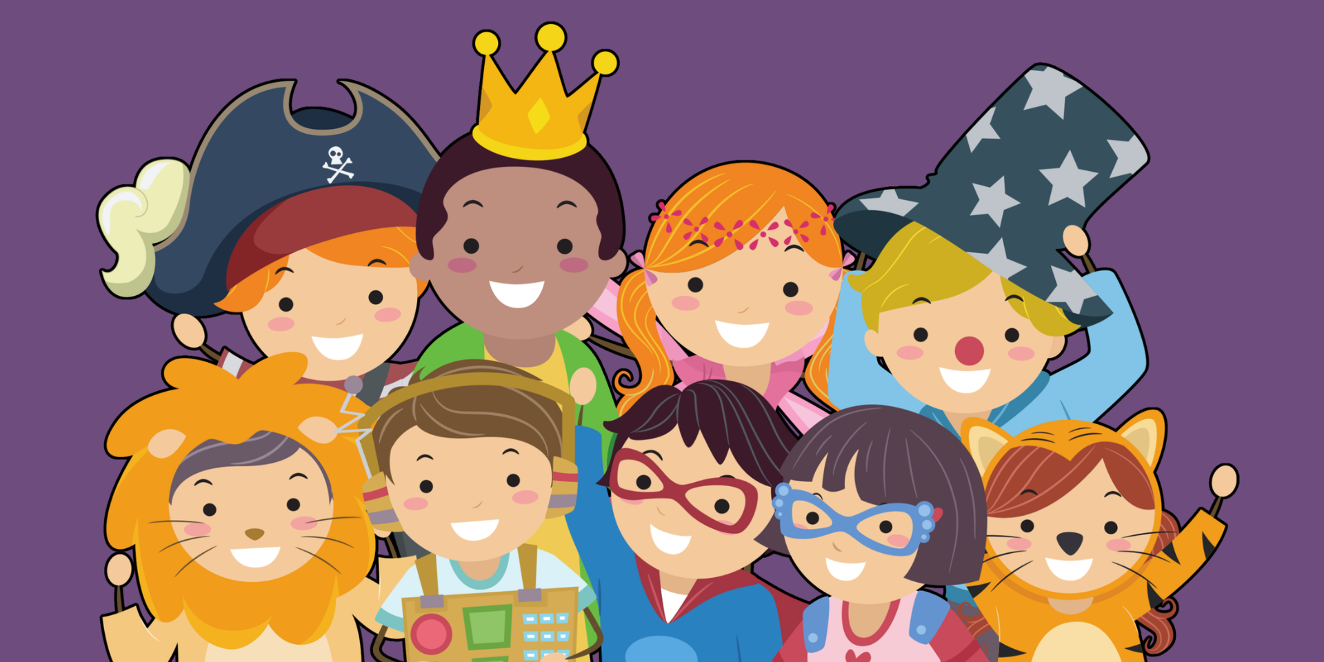 Cartoon art of children wearing halloween costumes.
