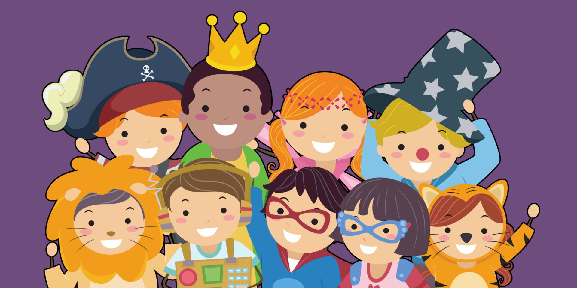 Cartoon art of children wearing halloween costumes.